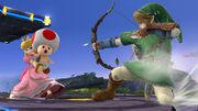 Link apuntando a Peach con su arco del héroe mientras ella se cubre con Toad.
