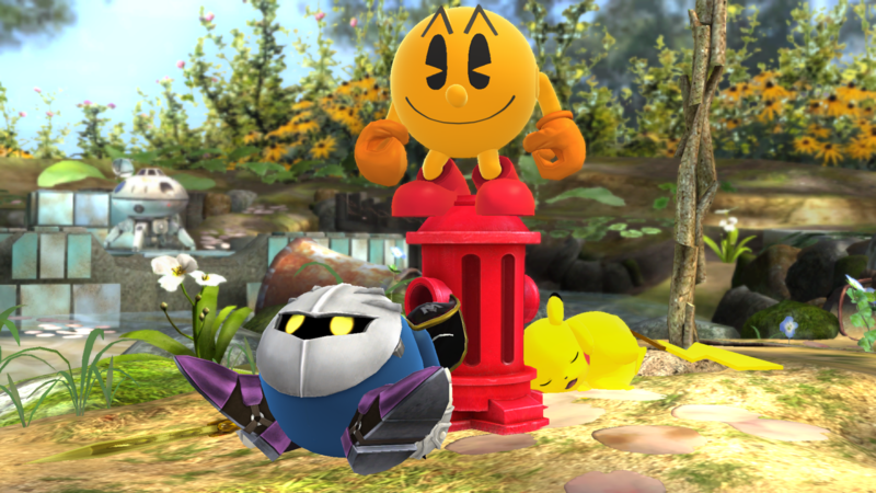 Archivo:Pac-Man, Pikachu y Meta Knight en el Vergel de la esperanza SSB4 (Wii U).png