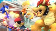 Sonic, Bowser, Lucas y Ness luchando en Onett SSB4 (Wii U).jpg