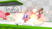 Mega Man atacando a Zelda y a Kirby en el escenario Miiverse SSB4 (Wii U).jpg