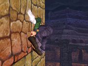 Luigi atorado en una pared al realizar Misil verde en Super Smash Bros. Brawl.