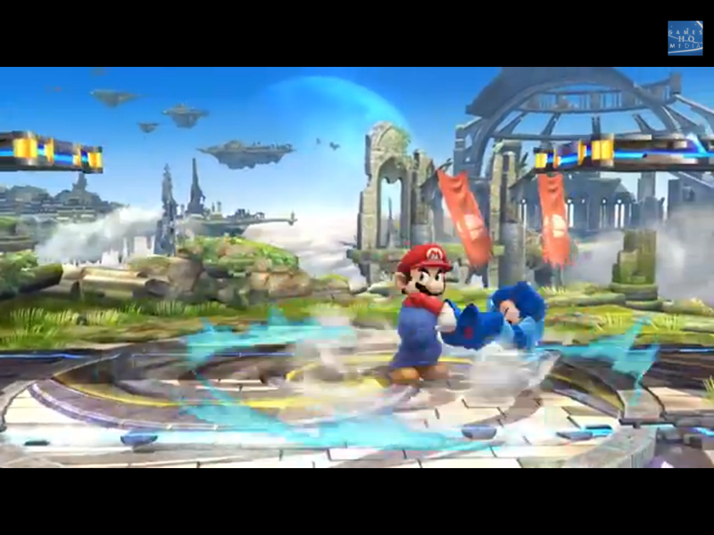 Archivo:Mario usando su lanzamiento trasero contra Mega Man SSB4 (Wii U).png