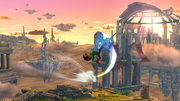 Peleador Mii/Karateka Mii iniciando el ataque en Super Smash Bros. for Wii U.