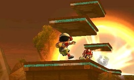 Ness y Mario escapando de una Bomba inteligente en Super Smash Bros. for Nintendo 3DS y Dr. Mario en la explosión.