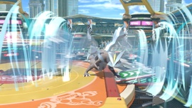 Kyurem atacando con Viento hielo en el escenario Estadio resorte/Estadio muelle.