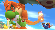 Mario cayendo mientras Charizard da un salto sobre Yoshi.