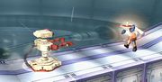 R.O.B. tras lanzar lanzar el giroscopio en Super Smash Bros. Brawl.