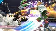 Pit Sombrío atacando a Fox y a Luigi usando su ataque Smash lateral en Cuadrilátero.