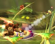 Olimar y los Pikmin saliendo a volar por Puñetazo gigantesco al máximo poder en Super Smash Bros. Brawl.