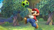 Mario a punto de recibir un golpe por uno de los balones de la Entrenadora de Wii Fit.