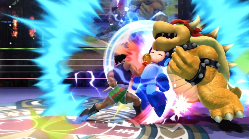 Archivo:Mega Man y Bowser recibiendo el golpe de Little Mac en su maximo poder SSB4 (Wii U).png