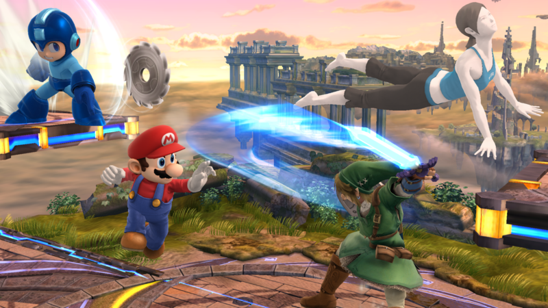 Archivo:Mario, Link, Mega Man y la Entrenadora de Wii Fit en el Campo de Batalla SSB4 (Wii U).png
