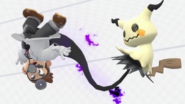Mimikyu agarrando a Dr. Mario en PictoChat 2.