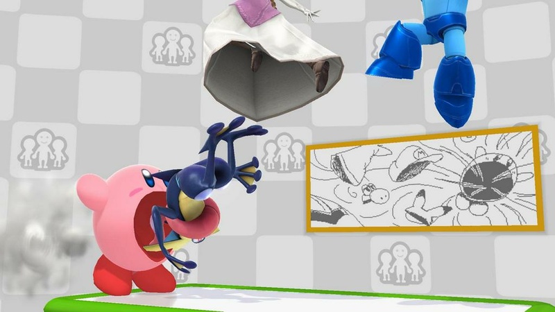 Archivo:Kirby absorviendo a Greninja en el escenario Miiverse SSB4 (Wii U).jpg