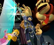 Marth usando Tajo delfín contra Donkey Kong y Zelda en Super Smash Bros. Melee.
