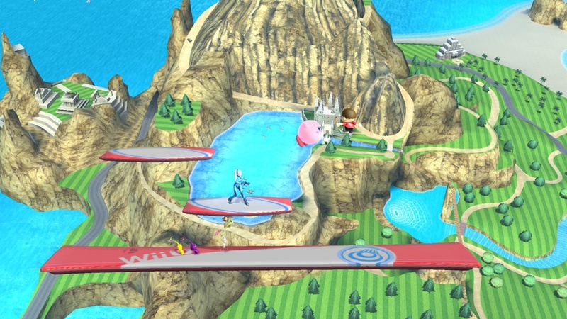Archivo:Olimar, Kirby, Aldeano y Samus Zero en las Islas Wuhu SSB4 (Wii U).jpg