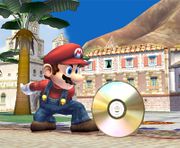 Mario encontrando un CD en el escenario Ciudad Delfino.