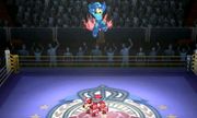 Mega Man saltando sobre Rush en Super Smash Bros. for Nintendo 3DS.