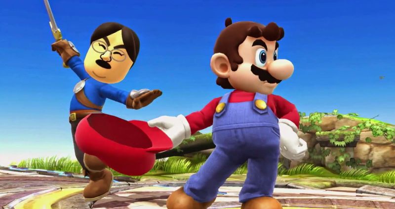 Archivo:Espadachin Mii de Iwata y Mario en el Campo de batalla SSB4 (Wii U).jpg