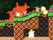 Kirby al lado de dos Knuckle Joe, uno aliado y otro enemigo, atacándose en Kirby Super Star Ultra.