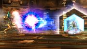 Fox utilizando su Reflector para reflejar el Disparo cargado/Disparo carga de Samus en Super Smash Bros. for Wii U.