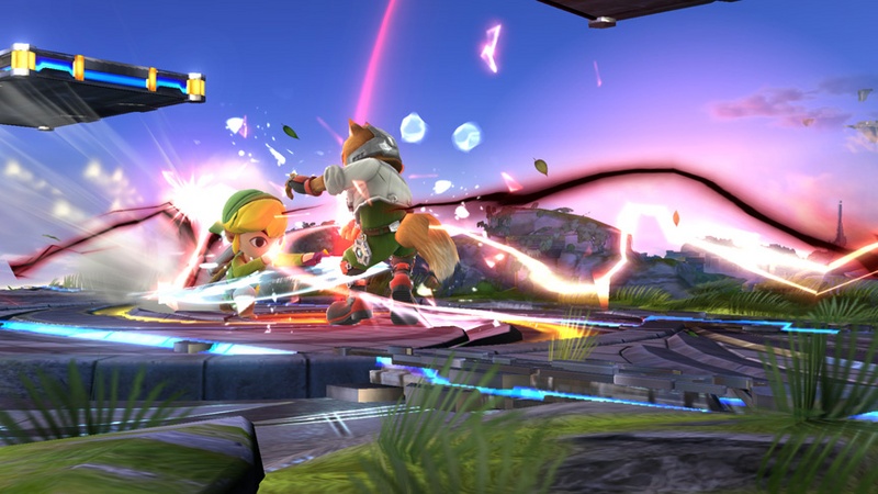 Archivo:Toon Link golpeando a Fox con daño alto SSB4 (Wii U).jpg