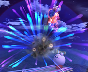 Kirby disparando un Lanzapetardos contra Mario.