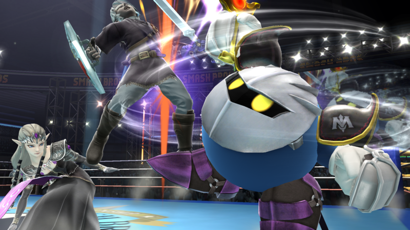 Archivo:Meta Knight, Zelda y Link en el Ring de Boxeo SSB4 (Wii U).png