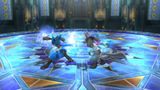 Lucario agarrando un oponente con Palmeo en Super Smash Bros. for Wii U.