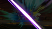 Meta Knight golpeando a Kirby con el ataque.