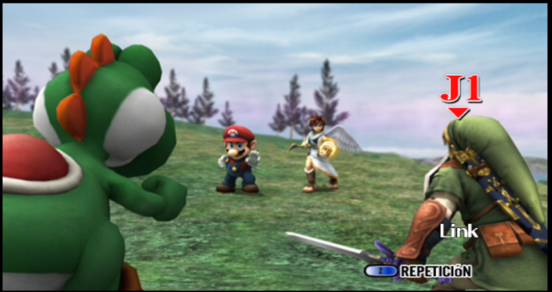Archivo:Link y Yoshi contra Mario y Pit La orilla del lago ESE SSBB.png
