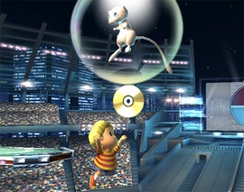 Mew dejando caer un CD en Super Smash Bros. Brawl.
