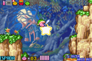 Kirby volando con la Estrella remolque en Kirby y el Laberinto de los Espejos.