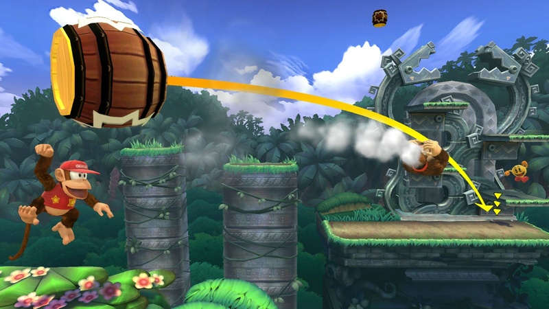 Archivo:Diddy Kong, Donkey Kong y Pac Man en la Jungla escandalosa SSB4 (Wii U).jpg