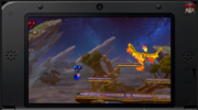 Toon Link, Sonic y Moltres en el escenario Campo de batalla de Super Smash Bros. for Nintendo 3DS.