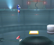 Sonic al usar su movimiento Salto del muelle, dejando caer el muelle al vacío.