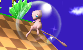 Mew al aparecer en Super Smash Bros. for Nintendo 3DS. Vuela por los aires...