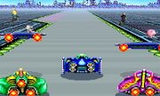 Tres coches de F-Zero en el escenario Ciudad Muda/Mute City de Super Smash Bros. for Wii U.