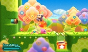 Kirby usando la habilidad Súper Smash/Smash Bros. en Kirby: Planet Robobot.