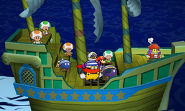 La Marconia/El Temido, tripulado por Mario, Bombard, Bombarche/Bomberto, Lentes/Gafitas y Marco en Paper Mario: The Thousand-Year Door/Paper Mario: La Puerta Milenaria.