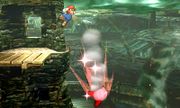Mario haciendo un Smash meteórico contra Kirby en el escenario.