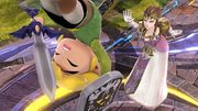 Toon Link siendo enviado por los aires y Zelda haciendo una Burla.