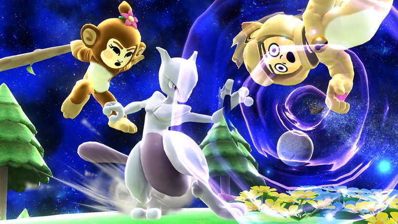 Archivo:Mewtwo y dos Luchadores Mii con atuendos de DLC en Mario Galaxy SSB4 (Wii U).jpg