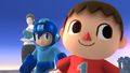 Aldeano, Mega Man y Entrenadora de Wii Fit en Campo de Batalla SSB4 (Wii U).jpg