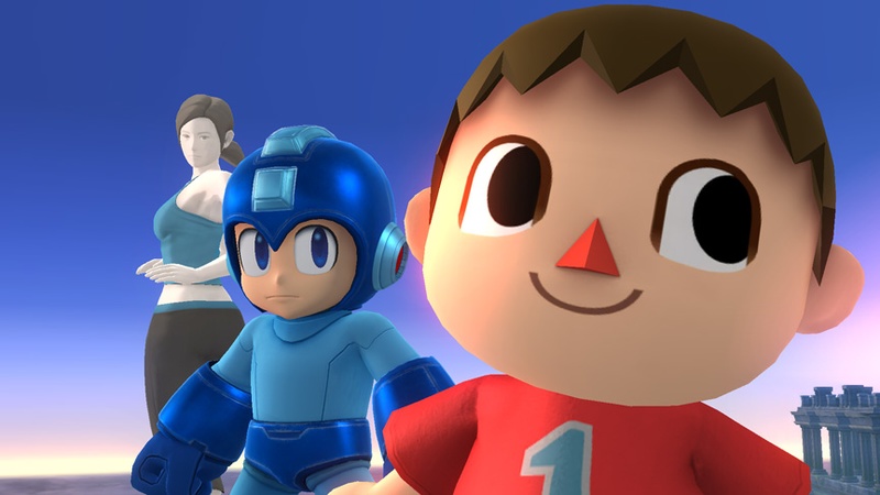 Archivo:Aldeano, Mega Man y Entrenadora de Wii Fit en Campo de Batalla SSB4 (Wii U).jpg