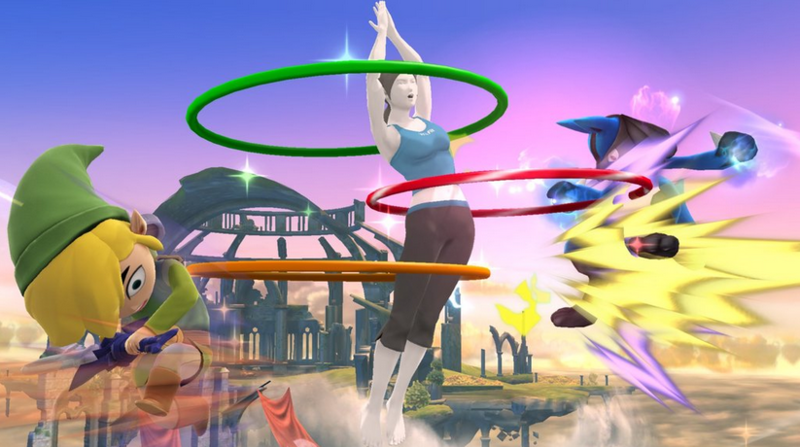Archivo:La Entrenadora de Wii Fit haciendo hula hoop contra Toon Link y Lucario en el Campo de batalla SSBWiiU.png