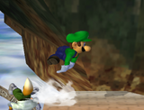 Luigi usando el Salto de recuperación con más de 100% de daño.
