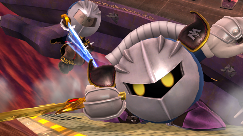 Archivo:Meta Knight y un Luchador Mii en el Hal Abarda SSB4 (Wii U).png