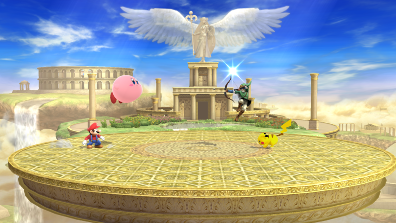 Archivo:Mario, Kirby, Link y Pikachu en el Templo de Palutena (forma Destino Final) SSB4 (Wii U).png