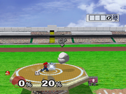 Mario golpeando al Saco de arena en el modo Home-Run Contest.